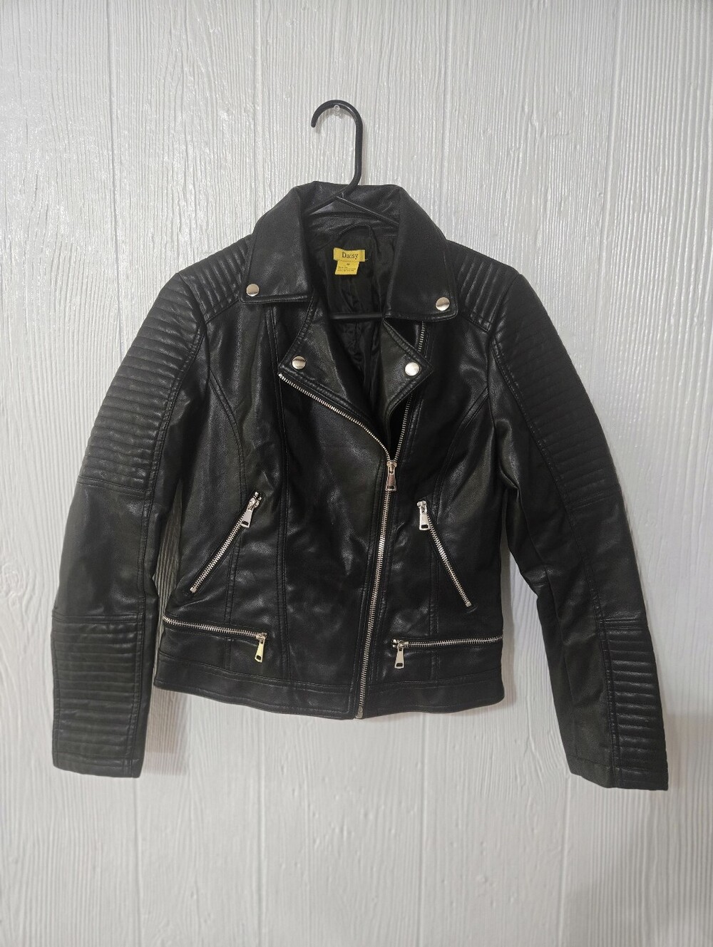 Daisy Womens Black Faux Leather Asymmetric Moto Biker Jacket Size M